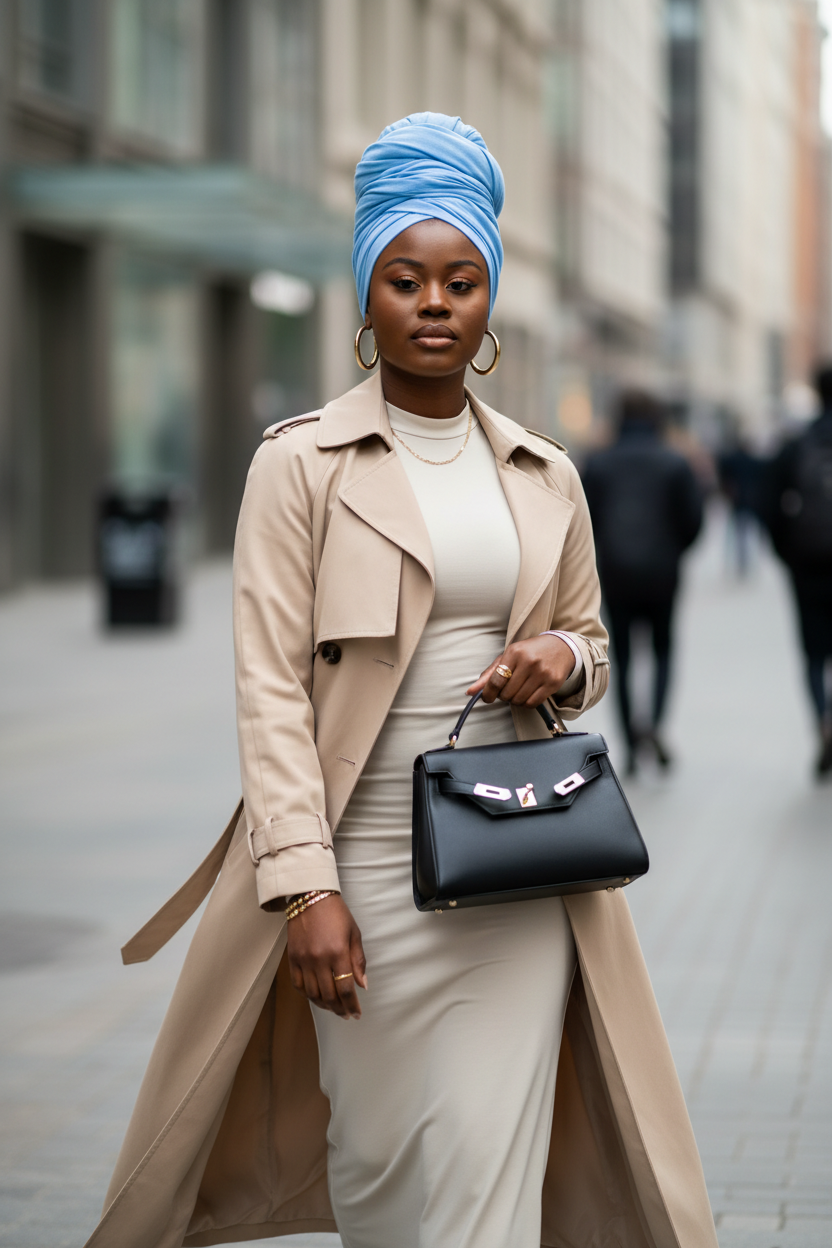 Carolina Sky Blue Headwrap Sleek Trench Coat Look