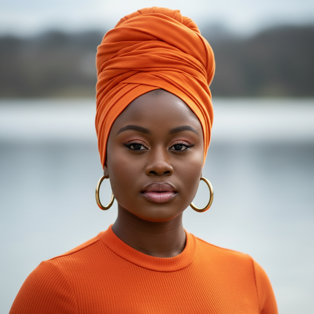 Orange Headwrap Natural Thumbnail with Glossy Lips
