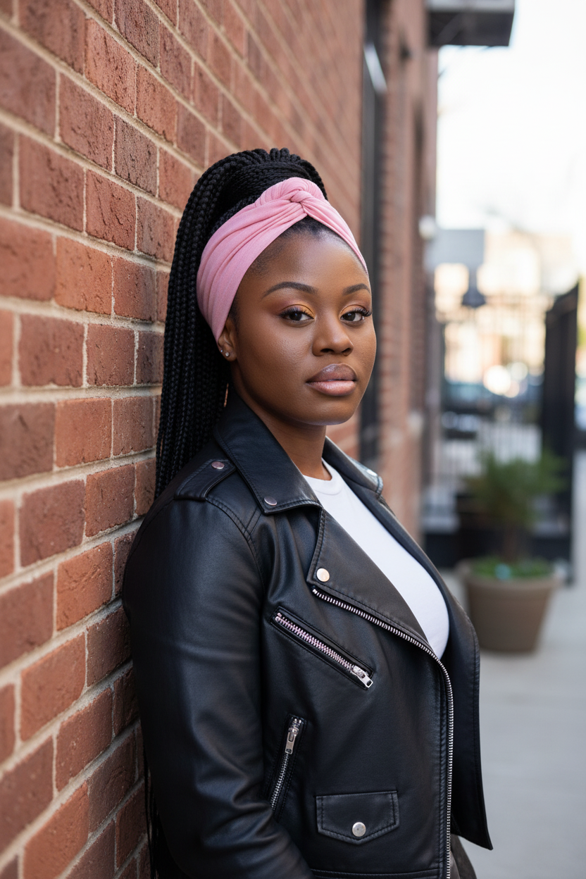 Pink Headwrap with Braids Ponytail Look